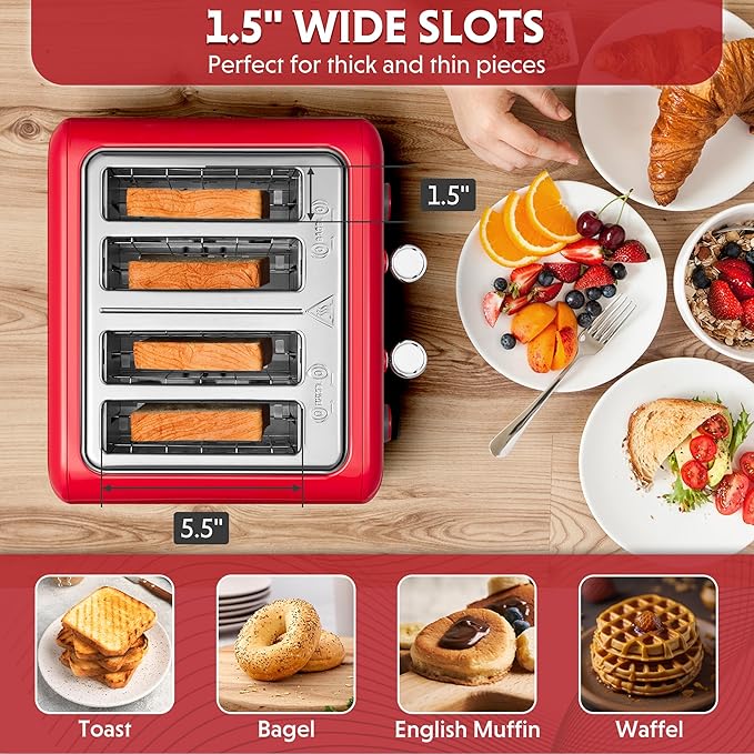 BUYDEEM DT640 4-Slice Toaster, Extra Wide Slots, Retro Stainless Steel with High Lift Lever, Bagel and Muffin Function, Removal Crumb Tray, 7-Shade Settings,Red