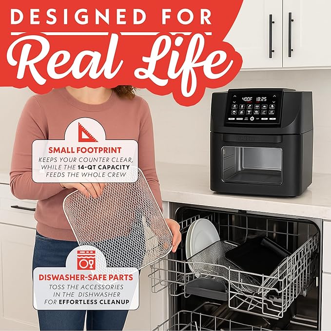 Gourmia Air Fryer - 14 Qt All-in-One Oven with Rotisserie, Digital Display with 12 Presets, Roast, Bake, Broil, Dehydrate, Dishwasher Safe Accessories, Black