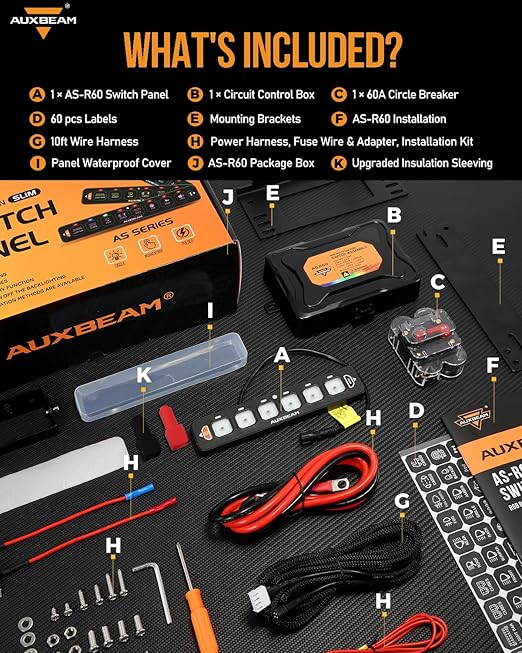 Auxbeam 6 Gang Slim Switch Panel RGB AS-R60 Automatic Dimmable Switch Panel with Toggle Momentary Pulsed Off Backlight Unique Patented Design Control Panel for Truck Offroad Boat, 2-Year Warranty