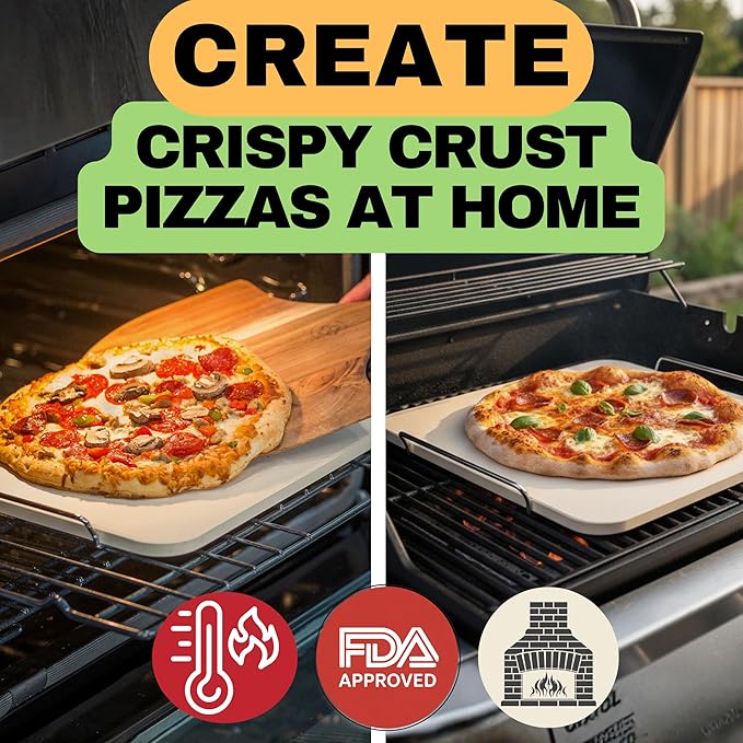 Pizza Stones for Oven and Grill - Pizza Stone with Handles, Wooden Peel and Dough Tool - 15 inch x 12 inch Rectangular Pizza Grill Stone - Baking Stone for Bread - Pizza Making Set
