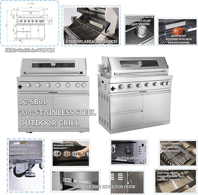 82 Inches 6-Burner 85000 BTU Natural Gas Outdoor Kitchen Island with Grill with Wine Cooler, Compact Refrigerator, Rotisserie, Granite Countertops & Storage, Silver