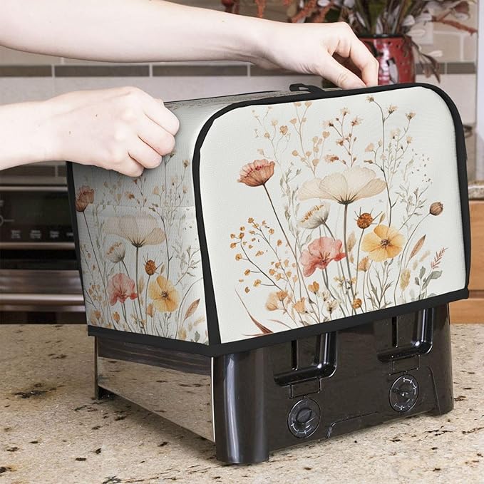 2 Slice Toaster Cover for Kitchen Watercolor Flower Botanical Waterproof and Dustproof Toaster Dust Cover with Side Pockets Decorative Universal Cover for Wide Slot Toasters and Small Appliances