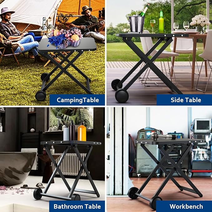 Portable Grill Table, Outdoor Prep Table with 2 Wheels, Pizza Oven Cart for Ninja Woodfire/XL Pro, Weber Q, Blackstone, Napoleon,Ooni Table Top Grill, Folding Grill Cart for Camping, RV
