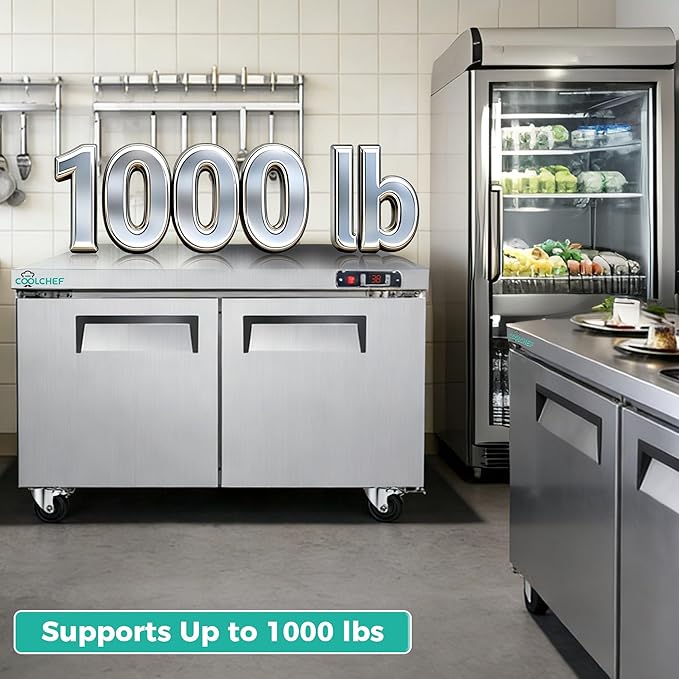 48" Commercial Double Door Worktop Refrigerator, 12.2 Cu.ft Stainless Steel Undercounter Prep Table Fridge, R290 Commercial Cooler with Casters