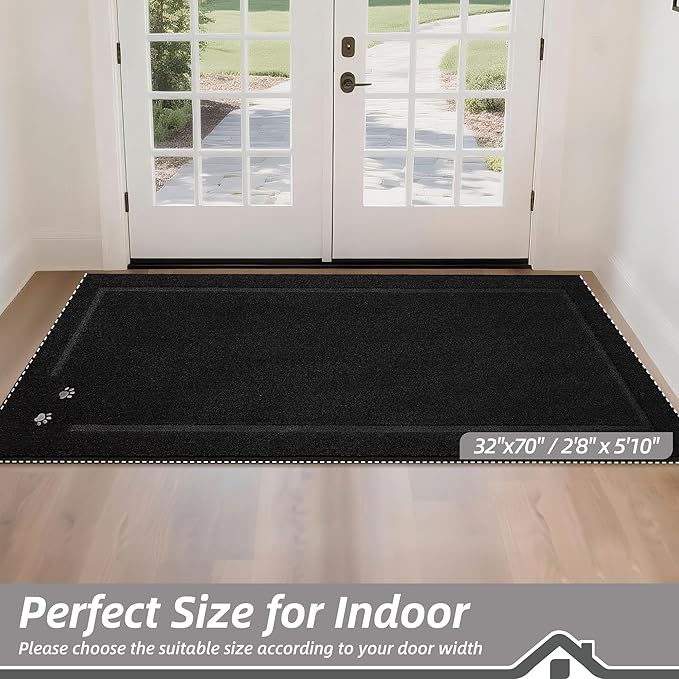 BEQHAUSE Dog Door Mat for Muddy Paws 32"x70" Dirt Trapper Absorbent Doormat Non Slip Entryway Rugs Washable Stain Resistant Welcome Floor Mat Soft Low-Profile for Front Back Door, Black