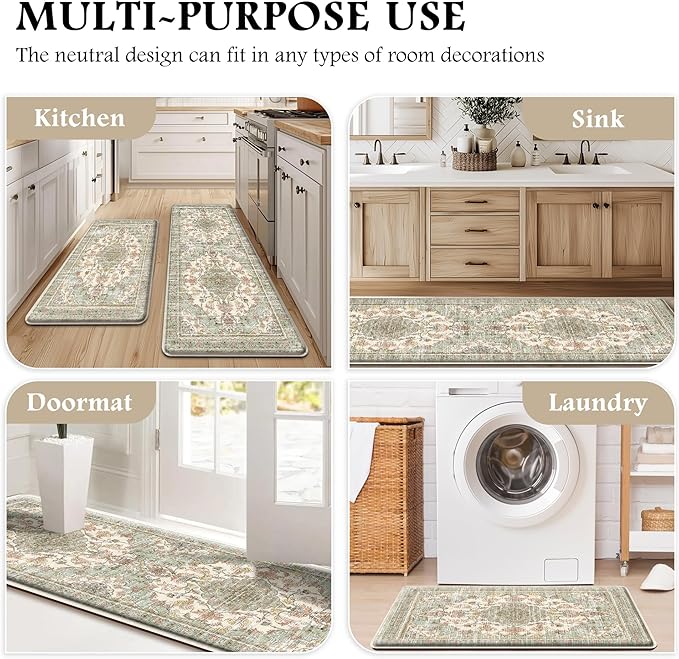 Boho Kitchen Mats for Floor 2 Piece Set Anti Fatigue Cushioned PVC Kitchen Rugs Non Slip Waterproof Farmhouse Mats 2/5 Inch Comfort Standing Mat for Sink, Laundry, 17.3"x47"+17.3"x28", Green Beige