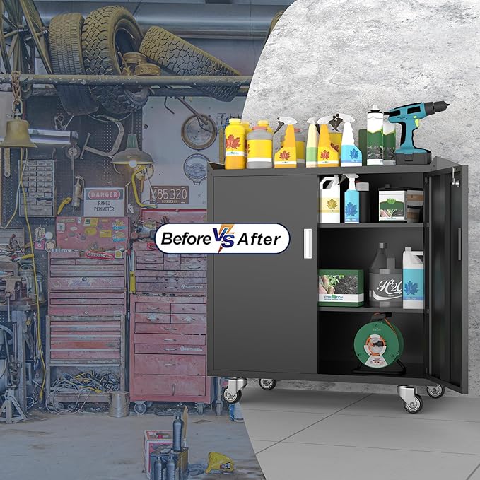 Black Garage Cabinet with Wheels,Metal Storage Cabinet,Lockable Storage Cabinet with Doors and Adjustable Shelves,Tool Chest,Rolling Metal Tool Cabinets for Garage,Warehouse,Basement