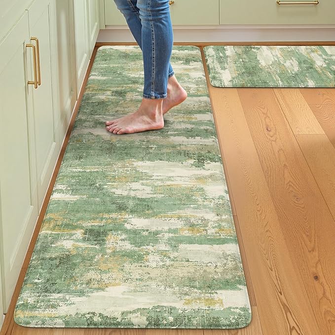 Collive Anti Fatigue Mats for Kitchens Floor, Abstract Non Skid Kitchen Rugs Sets of 2 Green Modern Standing Mat, Foam Cushioned Comfort Carpet for Office, Sink, Home Decor, 17"x59"+17"x29"