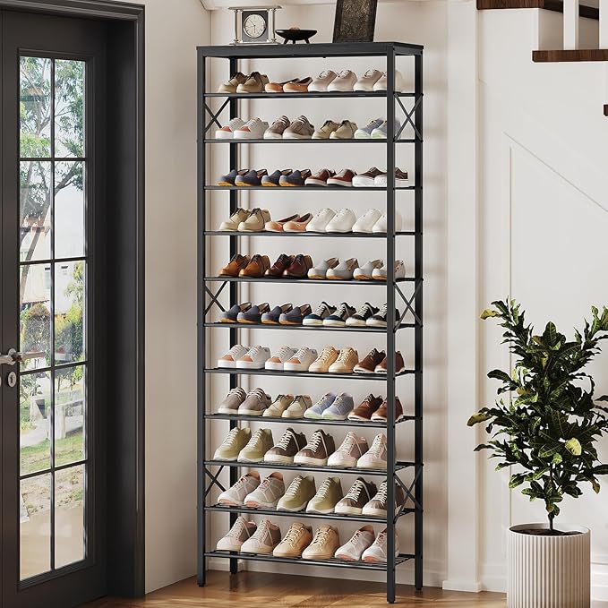 12 Tier Shoe Rack, Large Capacity Shoe Storage Organizer Holds 48 Pairs, Sturdy and Stable, for Entryway, Hallway, Closet, Dorm Room, Black SS12BB