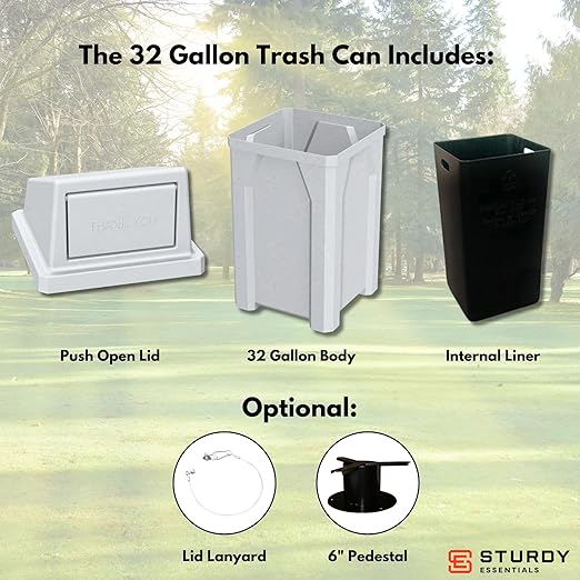 32 Gallon Square 100% Recycled Plastic Heavy Duty Indoor or Outdoor Commercial Trash Can with Push Lid | Great for Schools and Businesses - Light Granite