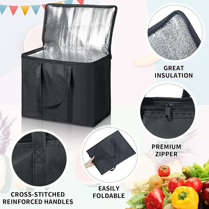 Kenning 8 Pcs Large Insulated Reusable Grocery Bags with Sturdy Zipper and Handles Foldable Washable Cooler Totes Heavy Duty Hot or Cold Food Delivery Bag for Food Transport Travel Lunch (Black)