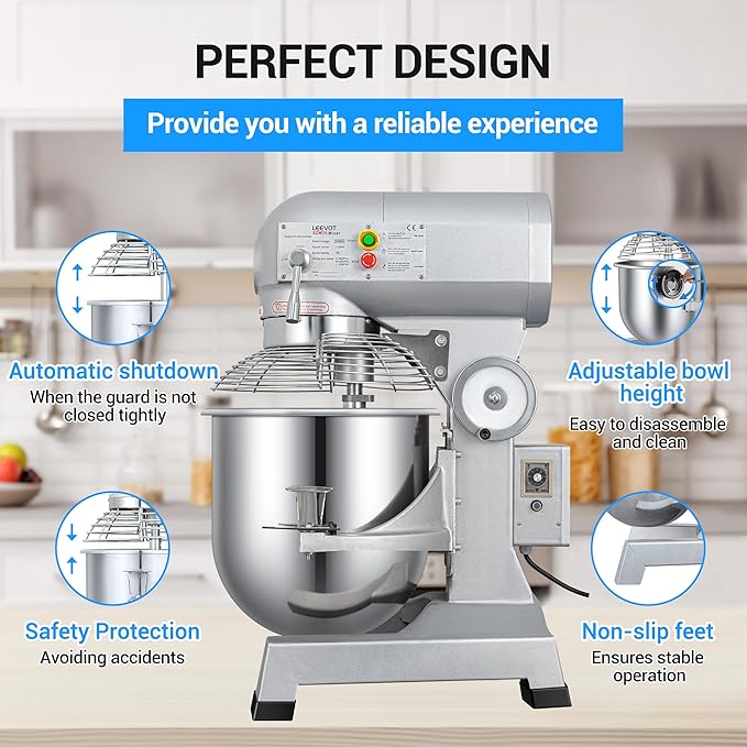 30 Qt 1250W Commercial Food Mixer, Commercial mixer 3 Speeds Adjustable Heavy Duty Stand Mixer with Stainless Steel Bowl for Bakery Pizzeria.