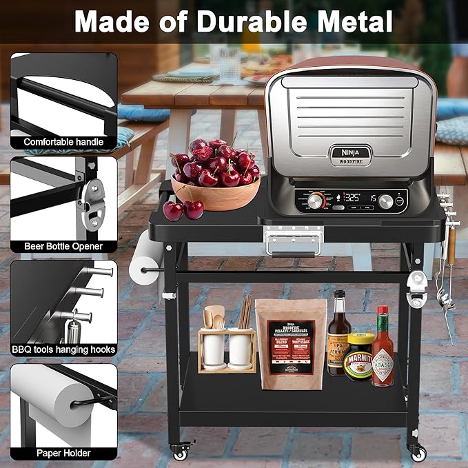 LS'BABQ Grill Stand for Ninja Woodfire Outdoor Smoker Pizza Oven Accessories, Foldable Cart Table With Wheels for Ninja XSKUNSTAND OG700 OG800 OG900 OO101 Series, Black