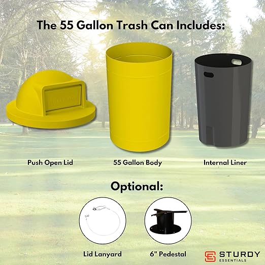 Campus Collection 55 Gallon Round Plastic Heavy Duty Commercial Indoor or Outdoor Trash Can with Push Open Dome Lid and Internal Liner | Great for Schools and Businesses - Yellow