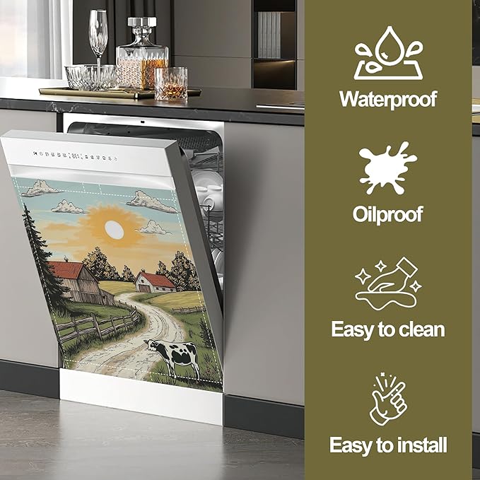 Magnetic Dishwasher Cover,Farmhouse Reusable Dishwasher Magnetic Cover Cow Decorative Door Covers Panel for Home Kitcen 23" x 26"