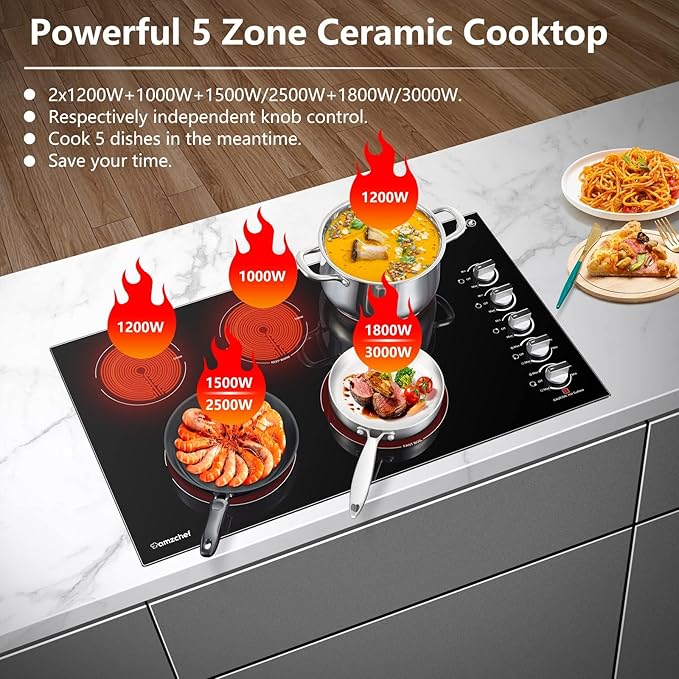 AMZCHEF 8900W Electric Cooktop 36 Inch, Built-in Electric Cooktop 5 Burner Stove Top, 36" Radiant Stovetop with Knob Control, 220-240V for Hard Wire