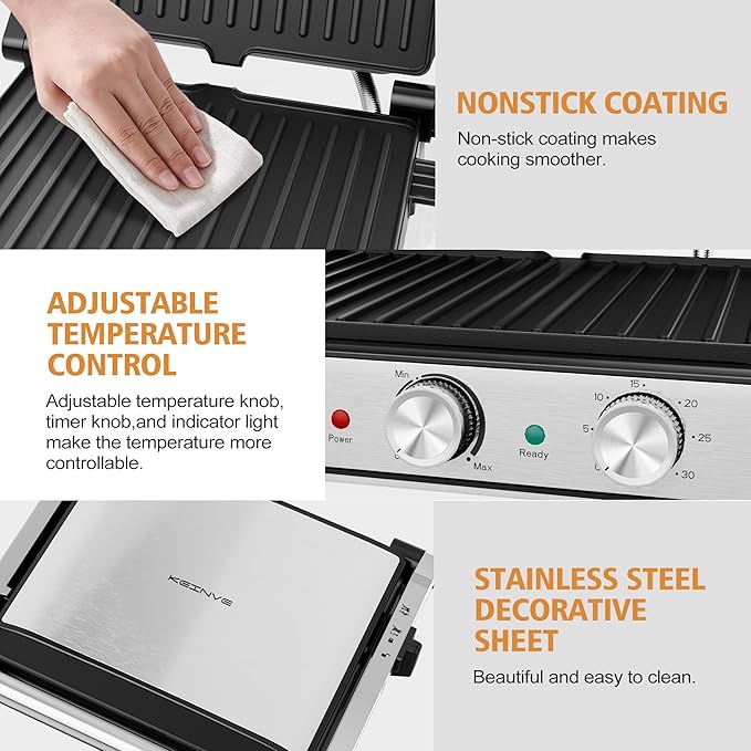 1600W Panini Press, Sandwich Maker with Temp & Time Setting, 4 Slice Large Non-stick Versatile Grill Press, Opens 180 Degrees to Fit Any Type or Size of Food