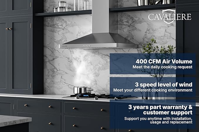CAVALIERE Wall Mount Range Hood 30 Inch, 3-Year Warranty, Value-Focused 400 CFM, Enhanced Stainless Steel Kitchen Exhaust Fan, LED Light, Baffle Filter, 3 Speed Fan, Button Control