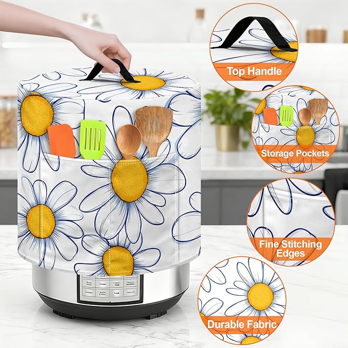 Kitchen Appliance Accessories Dust Cover for 3-6-8 Quart Instant Pot, Pressure Cooker, Air Fryer & Crock Pot,Decorative Appliance Cloth Cover with Top Handle & Storage Pockets (Daisy, 6 Quart)