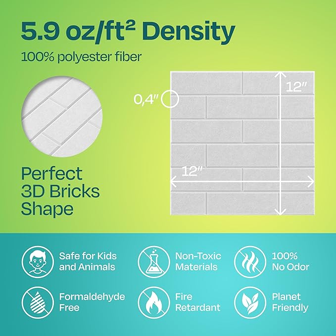 Acoustic Panels 18-Pack - Soundproof Wall Panels 12"X12"X0.4" Brick Style - Premium Sound Dampening - Easy Self-Adhesive Installation - White