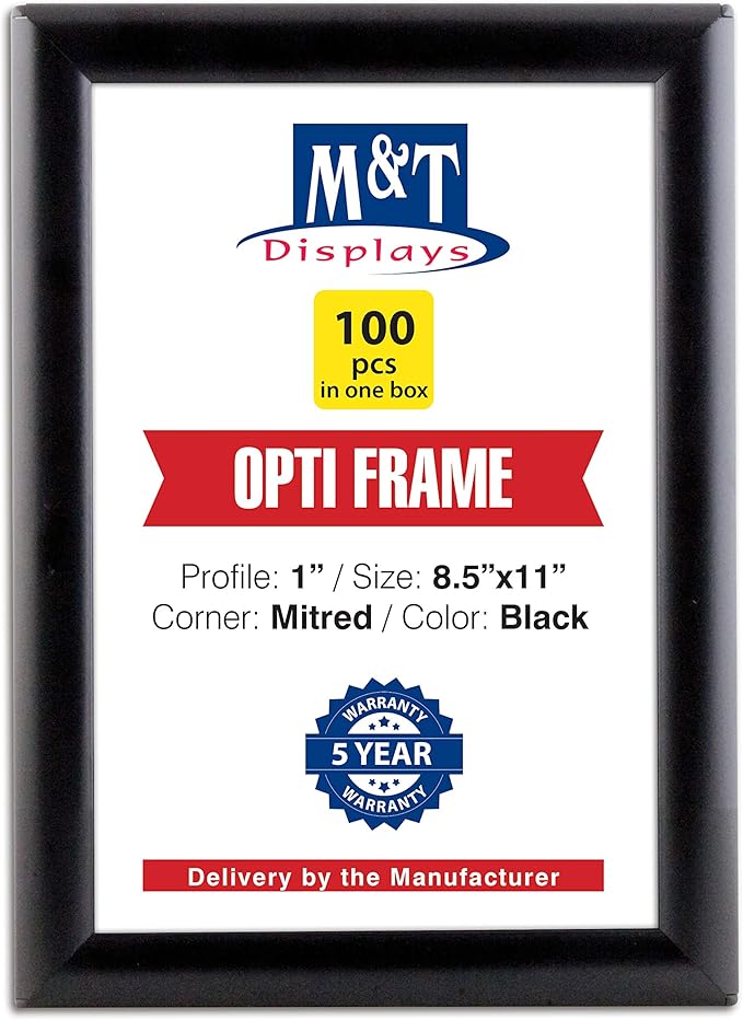 M&T Displays Opti Snap Poster Frame 8.5x11 Inch Black 1" Aluminum Profile Front Loading Wall Mounting Photo Picture Document Certificate Sign Holder Mitered Corner Anti Glare Cover (100 pack)