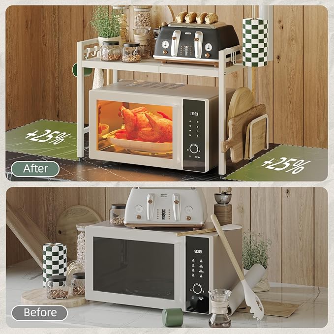 NETEL Expandable Microwave Stand,2 Tier Metal Kitchen Countertop Organizer Shelves with Paper Towel and Chopping Board Holder,Microwave Shelf,Microwave Oven Rack,55lbs Weight Capacity,White