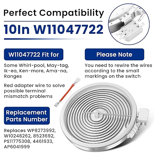 10In W11047722 8523692 W10248262 Single Radiant Surface Heating Element Fit for Whirl-Pool, Ken-More, May-tag, Replaces PS11775308 4461933 AP6041999 Range Stove Burner Surface Element by Fetechmate