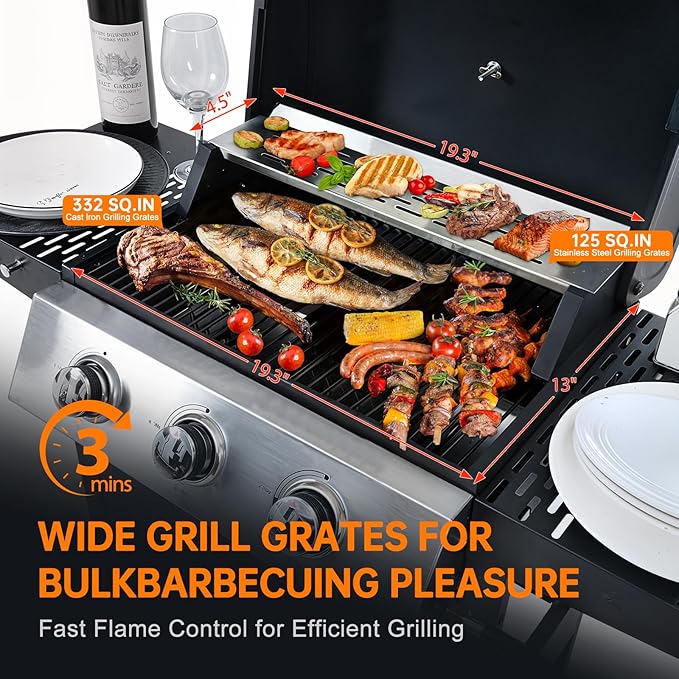 3 Burner Propane Gas Grill, Stainless Steel BBQ Grill 30,000 BTU for Outdoor Cooking Kitchen, Garden and Patio Backyard Barbecue, Black and Silver
