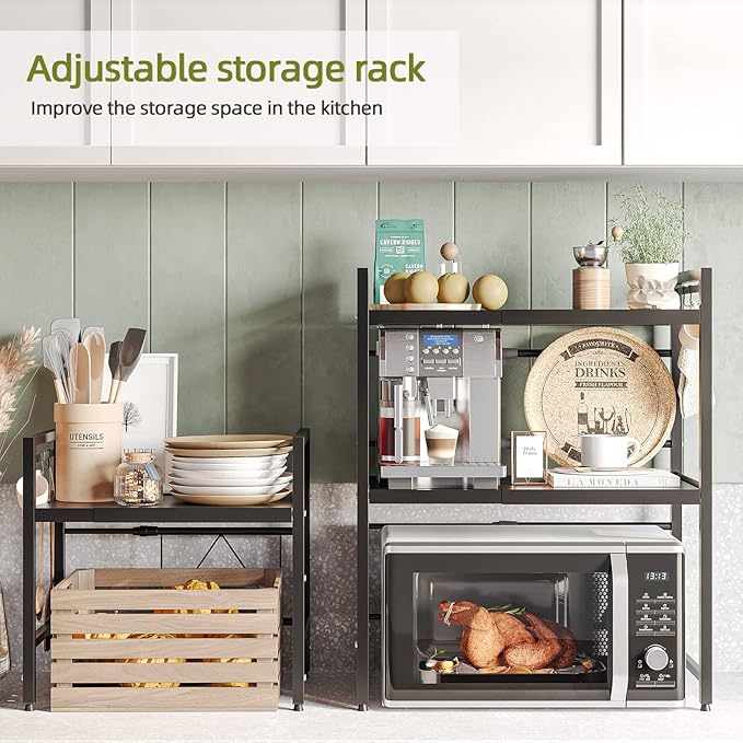 NETEL Expandable Microwave Stand,3 Tier Metal Kitchen Countertop Organizer Shelves with 8 Hooks,Bakers Rack,Microwave Shelf,Microwave Oven Rack,110lbs Weight Capacity