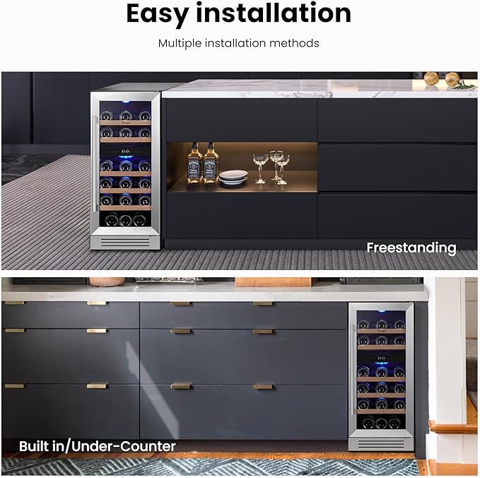 Yeego Wine Fridge Cooler - 15 Inch Dual Zone Wine Fridge Hold 28 Bottles, 40-65°F Wine Refrigerator Glass Door, Built in Fridge, Freestanding Adjustable Shelves Fridge for Beer Soda Drink Home Bar