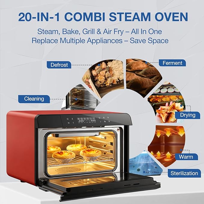 ROBAM Countertop Combi Steam Oven, 20-in-1 Multifunction Air Fryer, Convection Steam Roast & Bake, Multi-Stage Cooking, Self-Clean, Heat-Resistant, 7 Modes, 30 Built-In Recipes CT763 (Red)