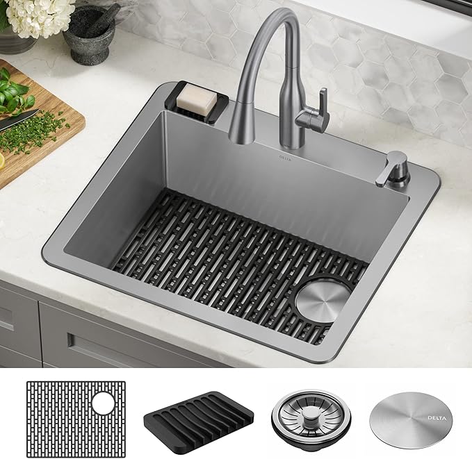 DELTA FAUCET Delta Marca 25 Inch Drop-In Undermount Stainless Steel Single Bowl Kitchen Sink with Accessories