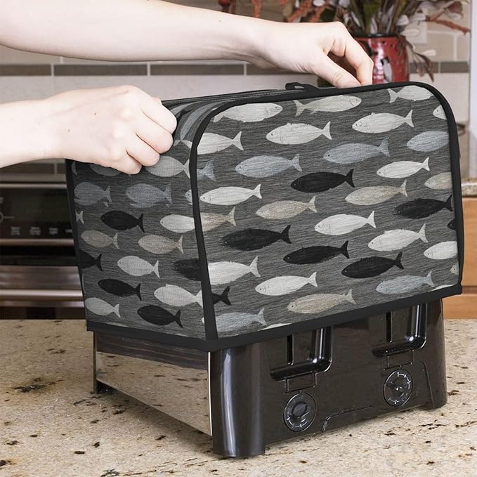 2 Slice Toaster Cover for Kitchen Gray Fish Pattern Waterproof and Dustproof Oxford Fabric Toaster Dust Cover with Side Pockets Decorative Universal Cover for Wide Slot Toasters and Small Appliances