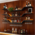 78.7in Modern LED Wine Rack Wall Mounted, 3-Tier Floating Bar Shelves with Wine Glass Rack, Large Hanging Liquor Shelf Wall Mounted, for Home Bar Dining Room Cafe Decorative (Black, 78.7in/200cm)