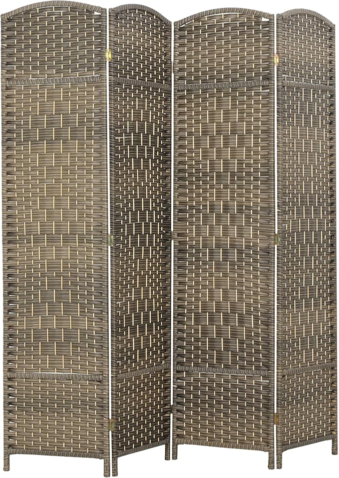 HOMCOM 4 Panel Room Divider, 6' Tall Folding Privacy Screen, Woven Freestanding Wall Partition for Home Office, Bedroom, Dark Rustic Oak