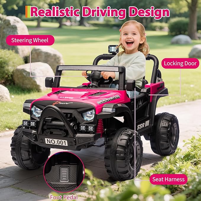 12V Kids Ride on Car, Electric Ride on Truck w/Parent Remote, Spring Suspension, Bluetooth Music, LED Light, 4.1Mph Max Speed, 3 Speeds, Battery Powered Vehicles for Kids Toddler Age 3-8, Rose