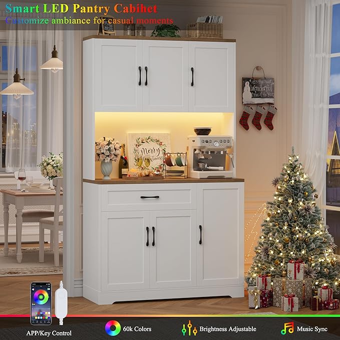 HIFIT 71" LED Pantry Cabinet with Power Outlet, Tall Kitchen Hutch Storage Cabinet with Microwave Stand & 6 Door Shelves, Modern Food Pantry Cabinets with Drawer for Kitchen Dining Living Room, White