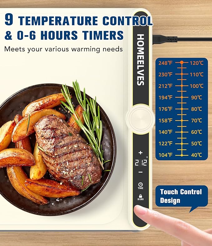Food Warming Mat, Rapid Heating Electric Warming Tray with 9 Temp Setting and 6 Hours Timer,Foldable Warming Trays for Food, Portable Food Warmers for Parties Buffet, Beige