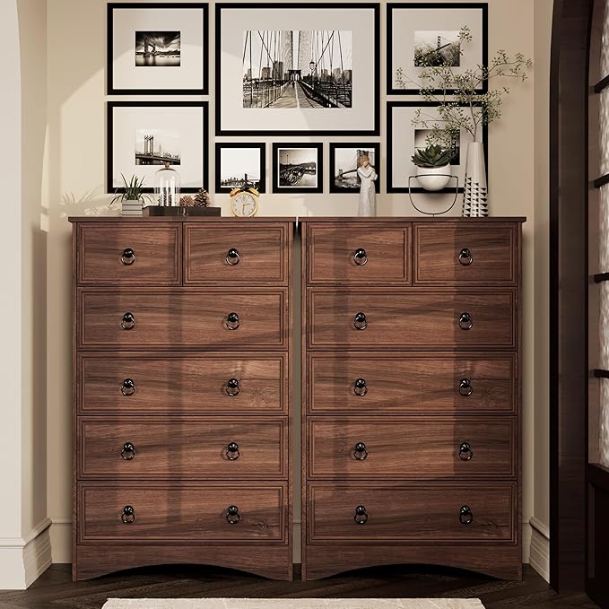 Dresser for Bedroom Tall, Mid Century Modern 6 Drawer Dresser, Cherry Wood Chest od Drawer with Large Storage for Clothes, Vintage, for Living Room, Bedroom, Hallway