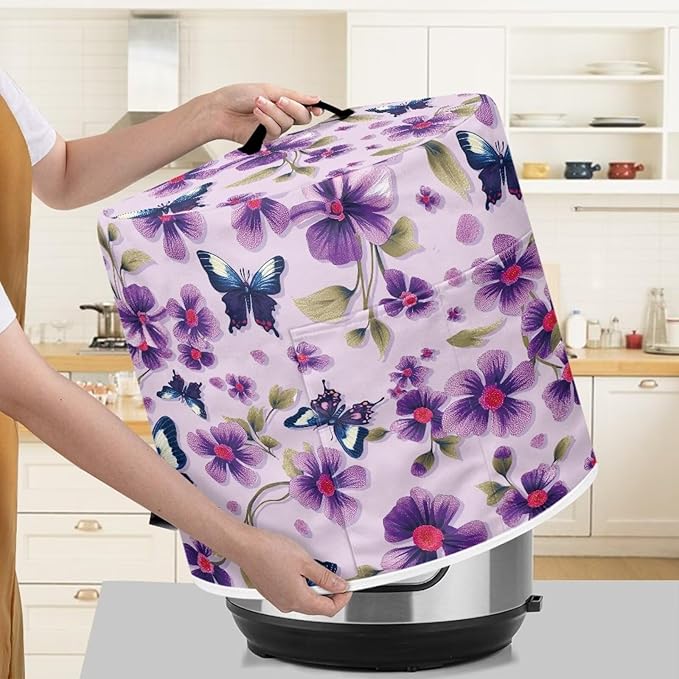 Purple Butterfly Flower Dust Cover for Kitchen Instant Pot Accessories Appliance Cover Quart Pressure Cooker Air Fryer Rice Cooker Kitchen Appliance Dust Covers with Storage Pockets Size S