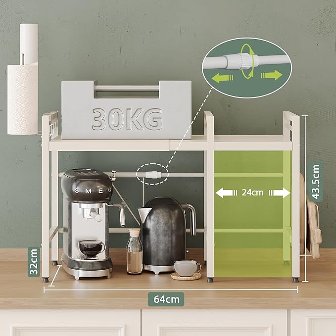 NETEL Expandable Microwave Stand,2 Tier Metal Kitchen Countertop Organizer Shelves with Paper Towel and Chopping Board Holder,Microwave Shelf,Microwave Oven Rack,55lbs Weight Capacity,White