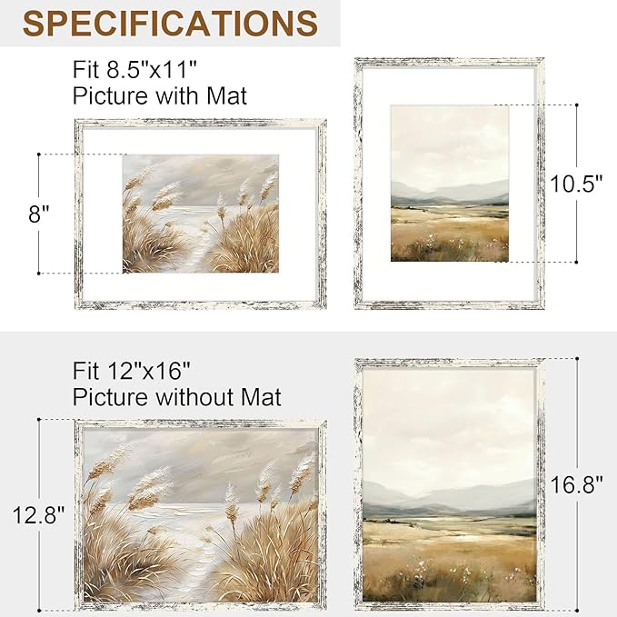 Vittanly 12x16 Picture Frame Set of 2, Solid Wood Frame for Wall Art Photo and Prints, Display Photo 8.5x11 with Mat or 12x16 without Mat, Distressed White
