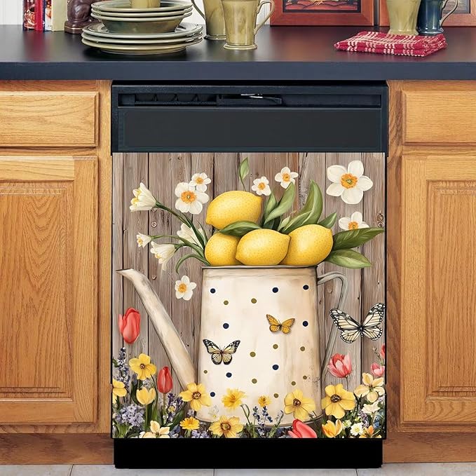 Farmhouse Lemon Dishwasher Magnet Cover,Pastoral Flowers Butterfly Magnetic Dishwasher Cover Vinyl Sticker,Fridge Door Cover Magnets Art Skin Panel Decal,Home Decor Decal,23"X26"