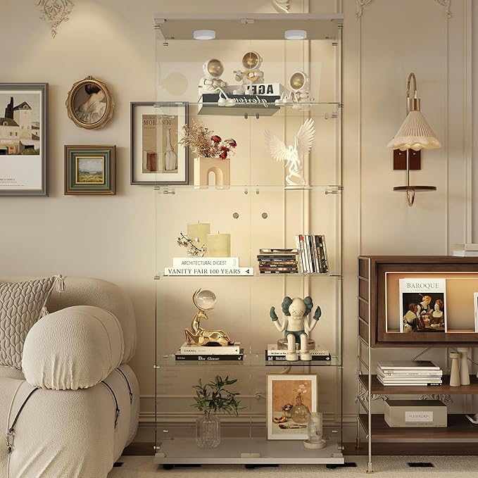 Glass Display Cabinet with LED, 5 Shelves with 2 Doors, Curio Storage Cabinets with Lock for Living Room, Office, Floor Standing Glass Bookshelf, Quick Installation - White
