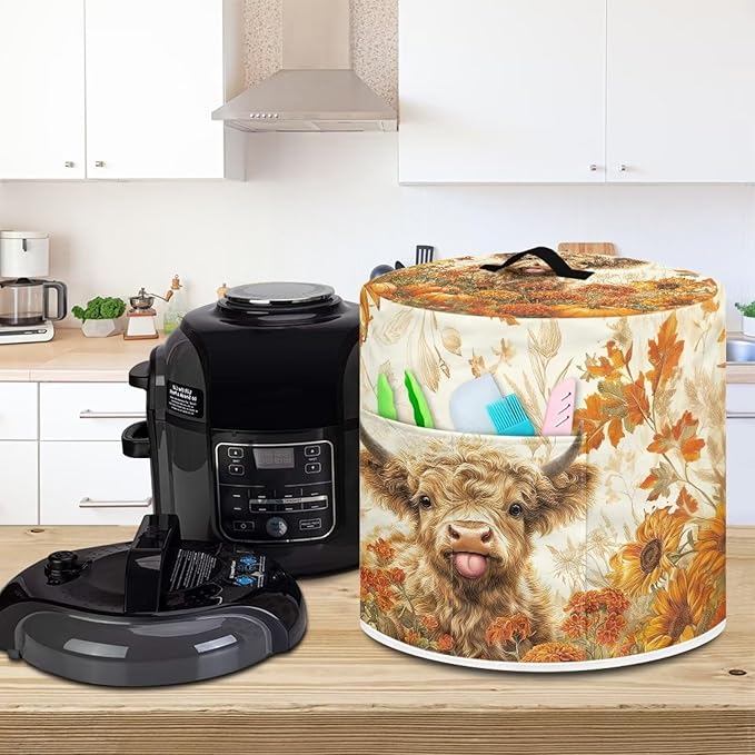NEITLGEN Maple Leaf Highland Cow Kitchen Appliance Dust Cover Universal Size 6 Quart Pressure Cooker/Air Fryer/Rice Cooker Cover with Top Handle and Storage Pocket Thanksgiving Day Decor
