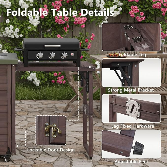 78.3" Outdoor Kitchen Island with Foldable Grill Table - Wooden Grill Cart with Stainless Steel Top, Trash Can Storage and Adjustable Shelves