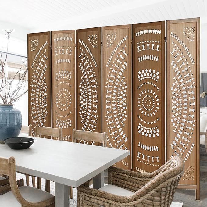 6 Panel Room Divider Wood Carved Room Divider Folding Privacy Screen with Double Hinges, Free Assembled Portable Partition Screen Divider for Room Separation Home Office Restaurant - Brown