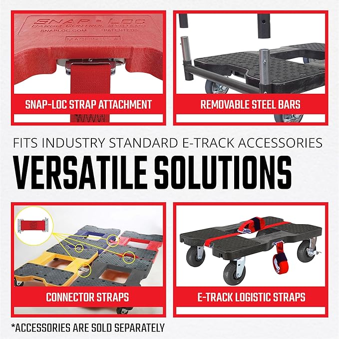 SNAP-LOC, All Terrain, 4 Wheel Dolly Heavy Duty Build, Dolly Cart, 6 Inch Casters, E Strap Attachment Included, 1,600 lb Capacity, Made in USA, Black
