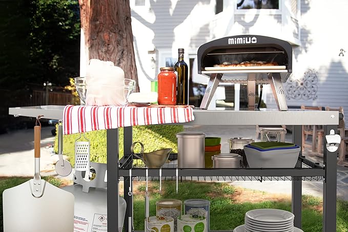 onlyfire Pizza Oven Table Cart for Ooni, Ninja Woodfire, Blackstone Griddle, Cuisinart Pizza Oven, Outdoor Stainless Steel Food Prep Table Movable Food Prep Cart Grill Stand with Storage Basket