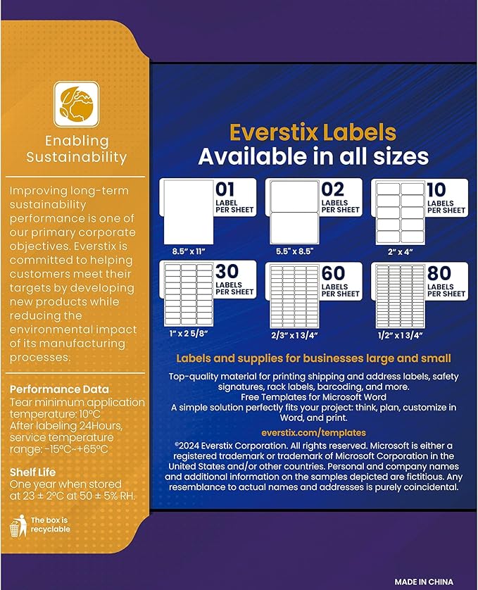 2" x 4", 25 Sheets, 250 Blank Shipping Labels, Printable White Sticker, Shipping Labels for Laser & Inkjet Printers, Letter Size